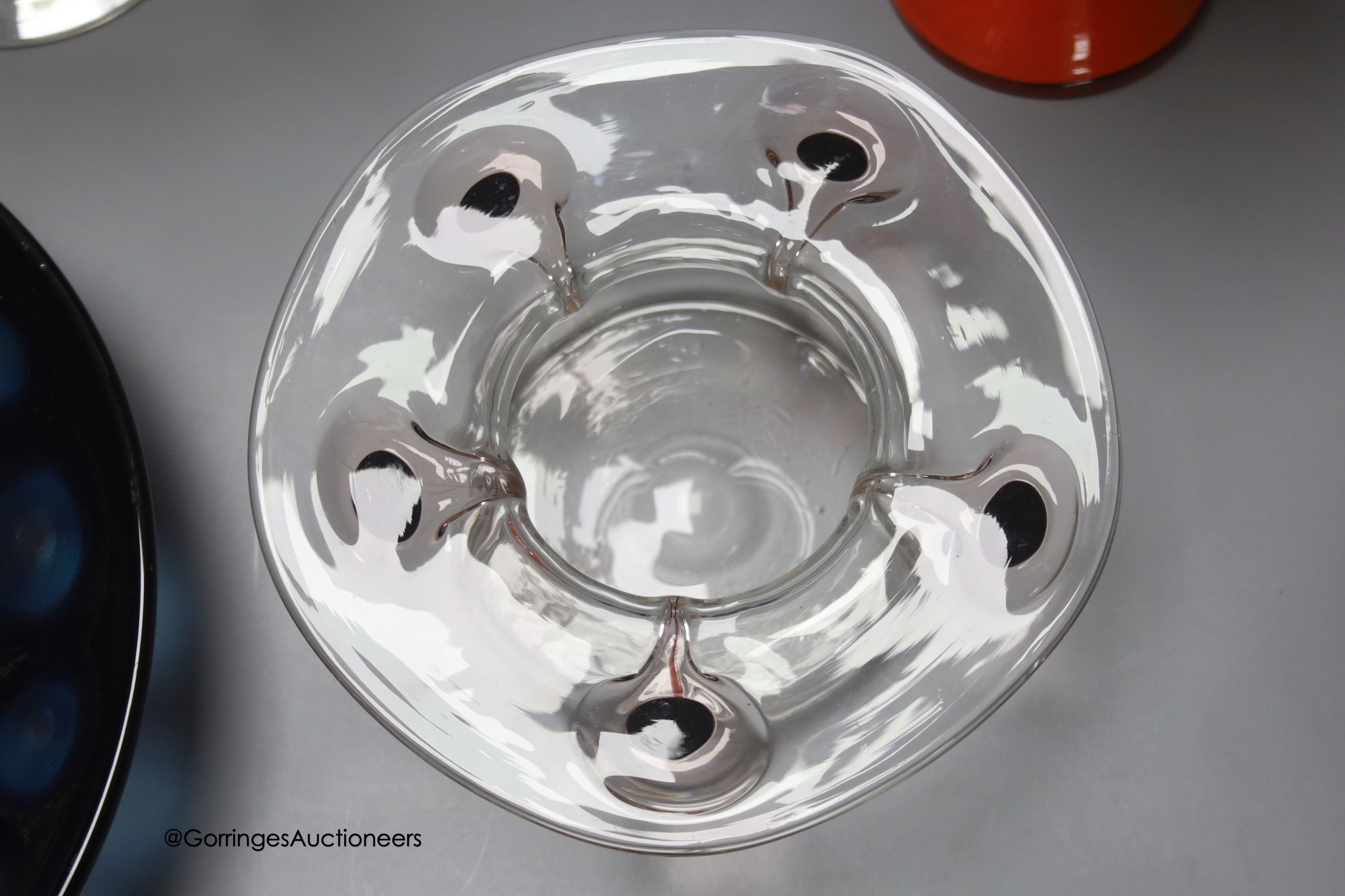 An iridescent glass baluster vase, 30cm a clear glass vase by Walsh & Walsh and four other art glass items